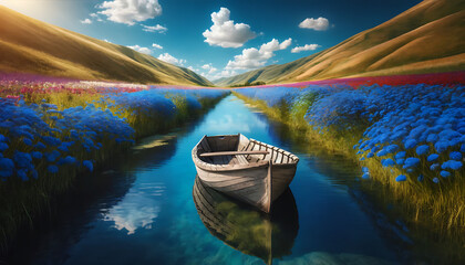 Tranquil waters mirror the sky, flanked by rolling hills and a vibrant flourish of blue wildflowers
 - obrazy, fototapety, plakaty