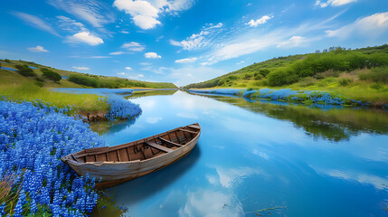 Obraz premium Tranquil waters mirror the sky, flanked by rolling hills and a vibrant flourish of blue wildflowers 