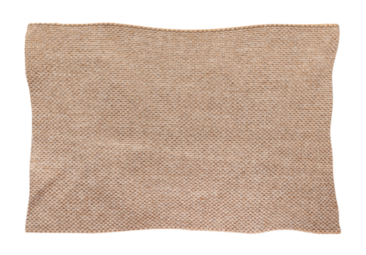 Square torn piece of brown fabric on a white background. Isolate light material for sewing clothes and upholstery of furniture