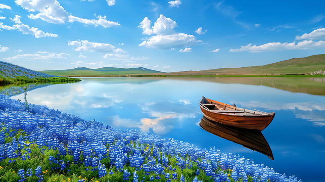 Tranquil waters mirror the sky, flanked by rolling hills and a vibrant flourish of blue wildflowers
