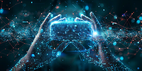 Hand touch metaverse infinite loop unlimited technology futuristic digital connection background of virtual reality cyberpunk world or internet game innovation cyber network and hologram experience - obrazy, fototapety, plakaty