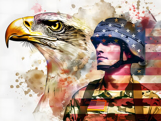 Double exposure image of soldier, eagle and USA flag. Veterans Day, Memorial Day, Independence Day