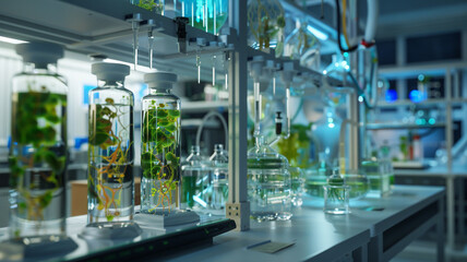 HD visualization of a laboratory studying synthetic life forms, showcasing bioreactors and synthetic cell cultures 32k,