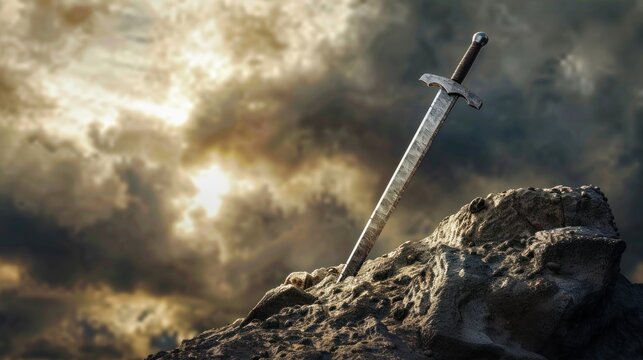 An ancient sword stuck in a rock on dramatic scene landscape background. AI generated image