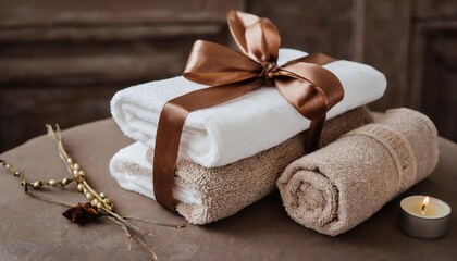 Beautifully arranged new towels as a gift with ribbon