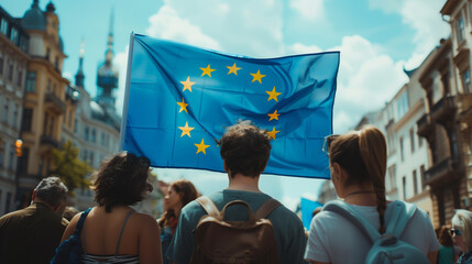 people in front of european flag, demonstration, march, europe