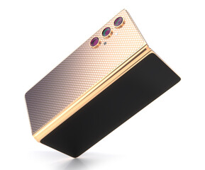 Foldable golden smartphone with black screen. 3d illustration on white background