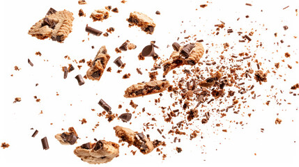 cookie crumbs flying around, white background