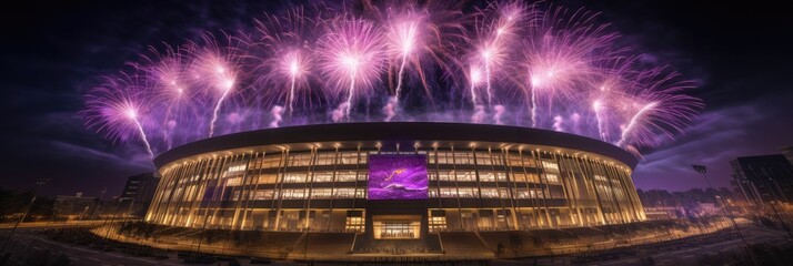 A dazzling fireworks display illuminates the night sky above the stadium, casting a spectacular cascade of colors and light.