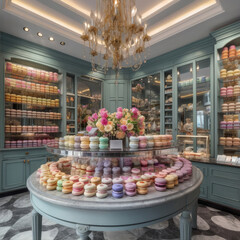 Elegant upscale cafe with french-style macarons and pastries in luxurious setting
