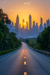 Fototapeta na wymiar Tropical Sunrise over Modern Skyline, Empty Morning Road, Generative AI