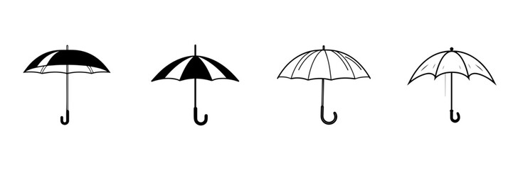 set of silhouettes of people with umbrella