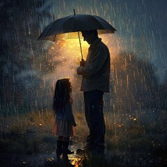 An image where the father and daughter are under the umbrella.