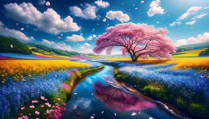  A majestic pink tree reigns over a vibrant landscape, with petals dancing on a breeze above a river reflecting the kaleidoscope of colors. The radiant backdrop of the azure sky cradles fluffy clouds - obrazy, fototapety, plakaty