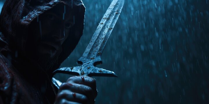 A person is holding a sword in a dark hooded rain. Scene is mysterious and ominous