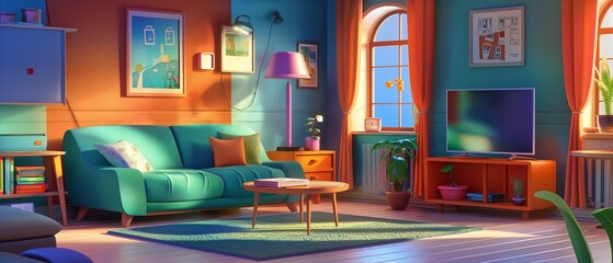 Home living room interior background with sofa and windows, cartoon illustration style design, 3d