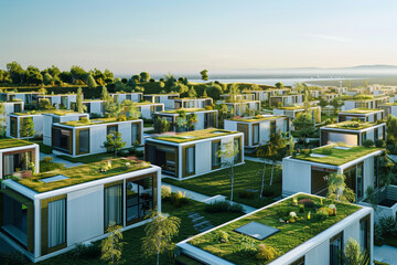 High-tech modular housing complex with interconnected units and green roofs, under the clear summer skies.