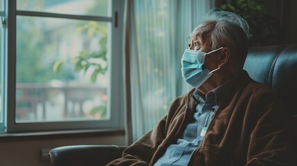 Portrait sad old grandfather wearing a mask sitting alone in living room near window. AI generated