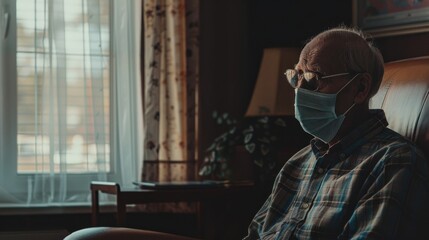 Portrait sad old grandfather wearing a mask sitting alone in living room near window. AI generated - obrazy, fototapety, plakaty