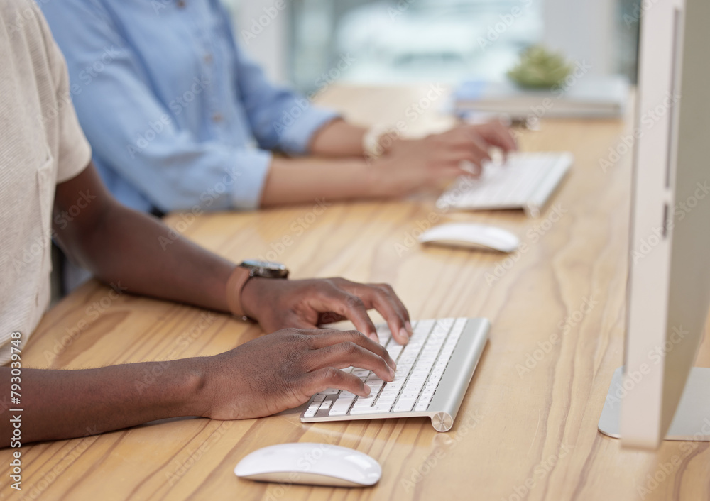 Poster colleagues, closeup or desk at office with typing for email, internet or research with computer. peo