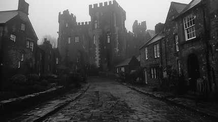 Mysterious medieval castle in fog: foreboding medieval castle shrouded in dense fog, with cobblestone path and old houses enhancing the eerie, gothic atmosphere