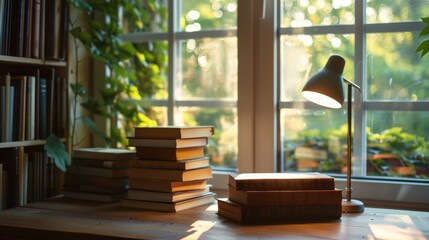 Home library workplace with wooden table, books and desk lamp near window background. AI generated