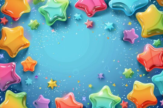 Cute cartoon frame with colorful gummy candies in the shape of stars on a blue background Generative AI