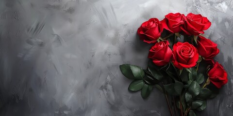 A bouquet of red roses on a solid gray background