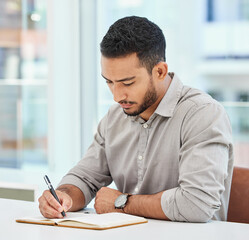 Man, notebook and office with writing for research in business with planning for startup. Schedule,...