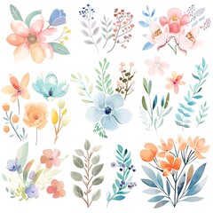A set of watercolor flowers and leaves in pastel colors.