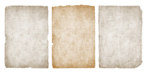 Old vintage paper sheets with ripped edges. Antique paper texture set, isolated on transparent background	