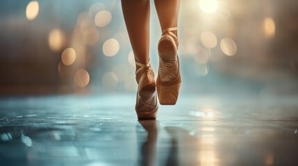 Close up beautiful legs woman of ballet dancer in pointe on the floor blur background. AI generated