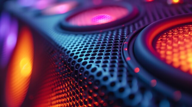 A speaker with colorful lights reflecting off of its surface.