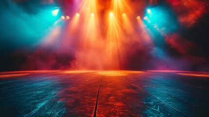 An empty stage with blue and orange spotlights and smoke on the floor