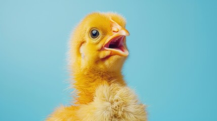 Realistic yellow Baby chicken cute surprised face on blue background. AI generated image