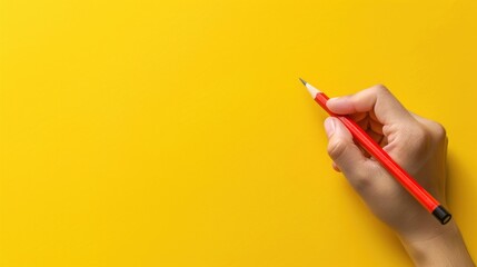 Closeup and holding wooden pencil isolated yellow background. AI generated image