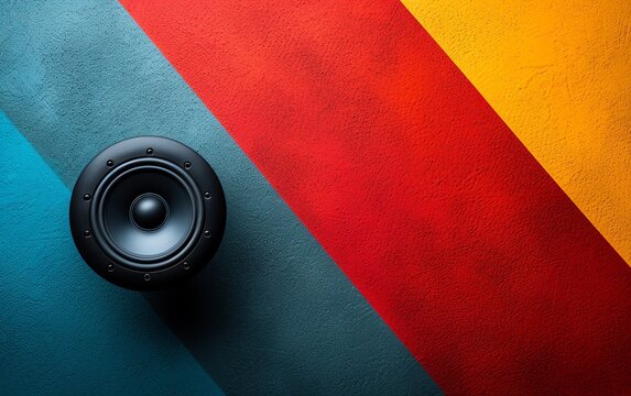 Black speaker on the blue, red and yellow background.
