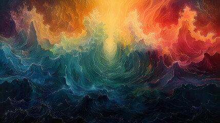 An abstract digital painting that evokes the essence of ocean waves under a fiery sunset, blending vibrant hues with fluid dynamics.