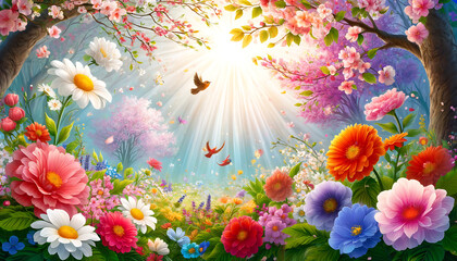 Fototapeta na wymiar A whimsical garden bursts with color as radiant flowers blanket the ground beneath a lush tree adorned with oversized blossoms. Vibrant birds in flight and delicate butterflies 
