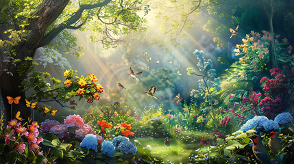 Obraz na płótnie Canvas A whimsical garden bursts with color as radiant flowers blanket the ground beneath a lush tree adorned with oversized blossoms. Vibrant birds in flight and delicate butterflies 