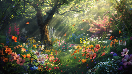 A whimsical garden bursts with color as radiant flowers blanket the ground beneath a lush tree adorned with oversized blossoms. Vibrant birds in flight and delicate butterflies 
