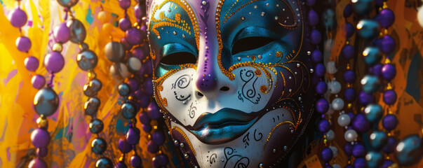 A Mardi Gras mask is a captivating blend of playful patterns and bold, contrasting colors that immediately seize attention.