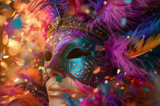 A vibrant representation of celebration, showcasing a Mardi Gras mask decorated with lively feathers and glittering sequins, set against a backdrop of swirling ribbons and confetti.