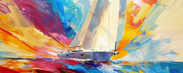 An elegant yacht amidst a vibrant regatta, with colorful sails creating a dynamic backdrop as the yachts race through the water.