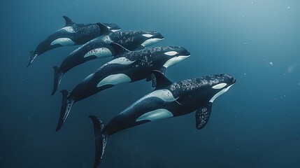 A pod of orcas swimming together underwater, illustrating marine life and familial bonds.