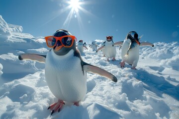A group of penguins in a playful moment on snowy terrain, with one penguin sporting oversized sunglasses and another holding a fish.