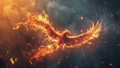 A fiery bird with flames coming out of its wings by AI generated image - obrazy, fototapety, plakaty