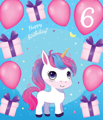 Vector Birthday holiday greeting card design for kids 6 year old with cute cartoon unicorn character, balloons, stars and gift boxes on a blue background. Cute Happy Birthday holiday festive card