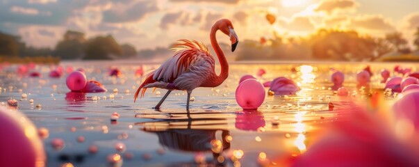 An elegant flamingo standing on a single leg among a group of bright pink balloons on a peaceful lake, immersed in the golden light of the setting sun.