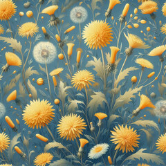 Dandelions flowers. Seamless pattern in cartoon, doodle style.	 - 793042126